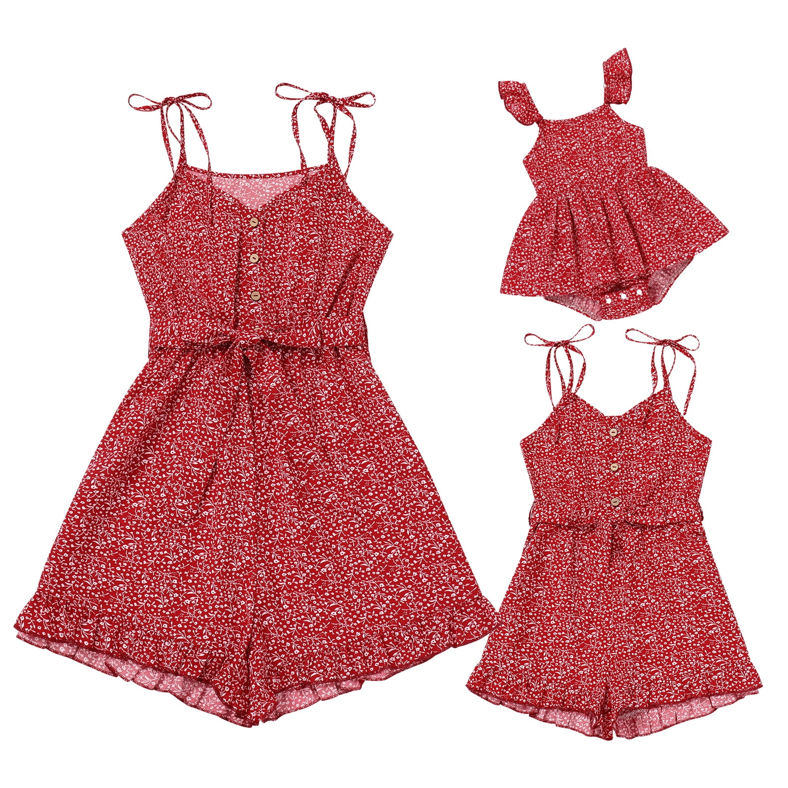 FYMNSI Mommy and Me Rompers Matching Outfit Sleeveless Belted Casual ...