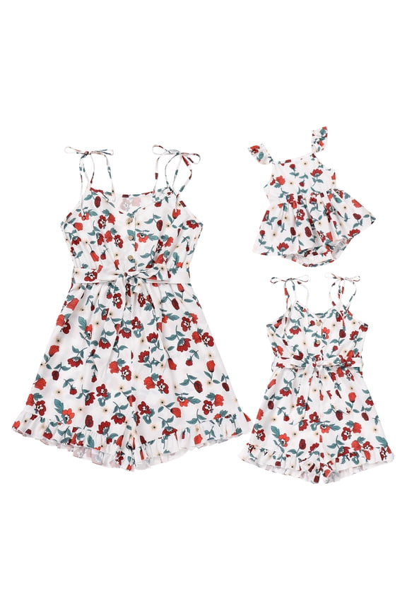 Mommy and Me Rompers Matching Outfit Sleeveless Belted Casual Jumpsuit Spaghetti Strap Short Overall Set White (Baby 9-12M)
