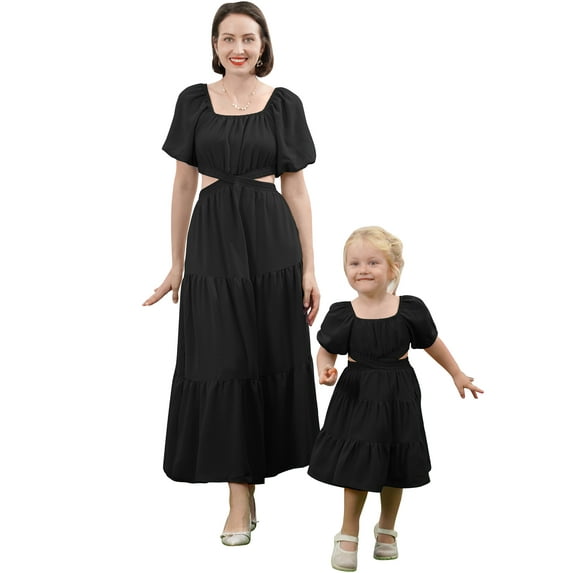 FYMNSI Mommy and Me Square Neck Dresses Solid Color Ruffled Maxi Dress with Pockets Cutout Waist Tiered Matching Outfits Black (Girl 6-7T)