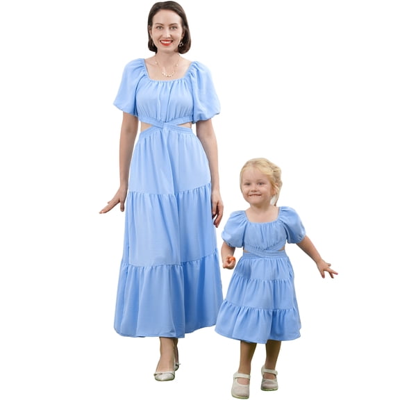 FYMNSI Mommy and Me Square Neck Dresses Solid Color Ruffled Maxi Dress with Pockets Cutout Waist Tiered Matching Outfits Blue (Mom M)