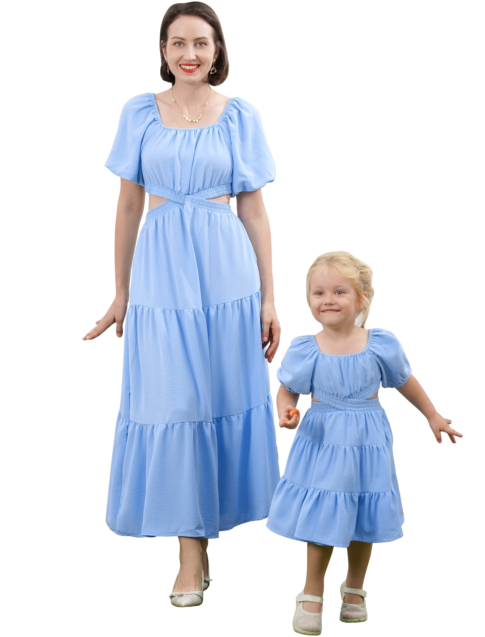 Fymnsi Mommy and Me Square Neck Dresses Solid Color Ruffled Maxi Dress with Pockets Cutout Waist Tiered Matching Outfits Blue (Mom XL), Girl's, Size:
