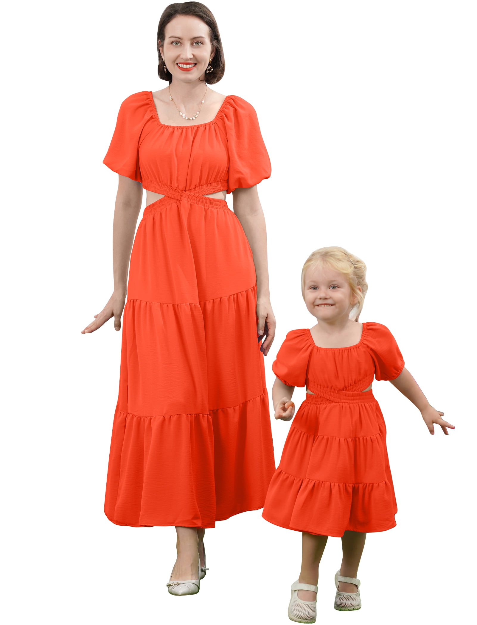 FYMNSI Mommy and Me Square Neck Dresses Solid Color Ruffled Maxi Dress ...