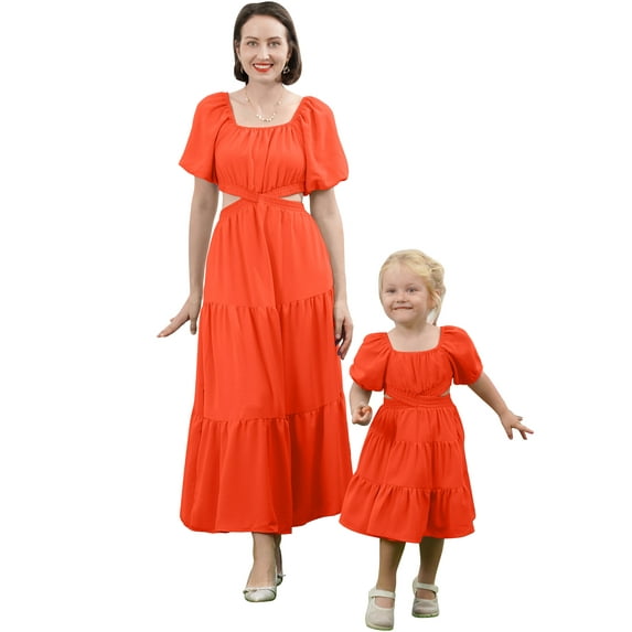FYMNSI Mommy and Me Square Neck Dresses Solid Color Ruffled Maxi Dress with Pockets Cutout Waist Tiered Matching Outfits Orange (Mom L)