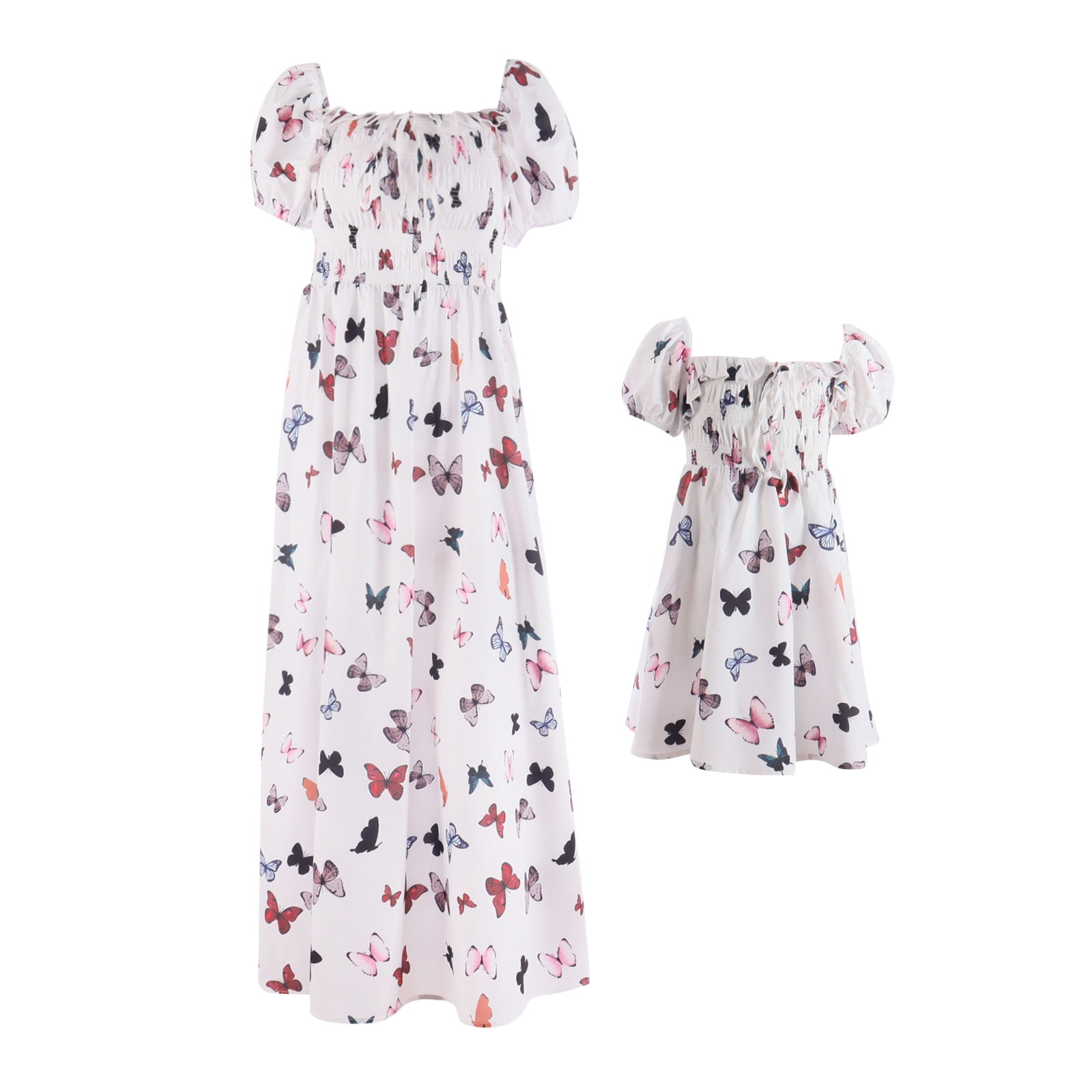 Polyester Sundress FYMNSI Toddler Dress Summer Floral Smocked Dress Mommy and Me Dresses ...