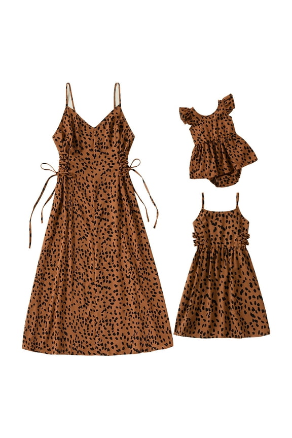 Mommy and Me Summer Leopard Print Sleeveless Dresses Casual Boho Beach Sundress Family Matching V Neck Midi Tank Dress (Baby Girl 12-18M)