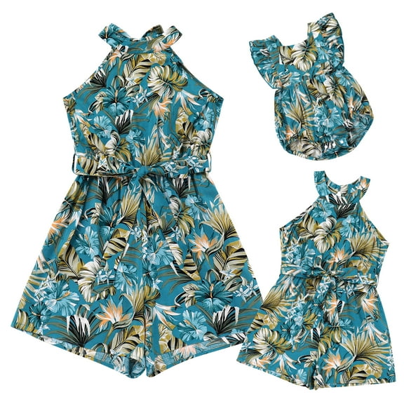 FYMNSI Mommy and Me Summer Short Romper Outfits Sleeveless Belted Casual Jumpsuit Overall for Beach Holiday Photo Shoot Blue (Girl 3-4T)