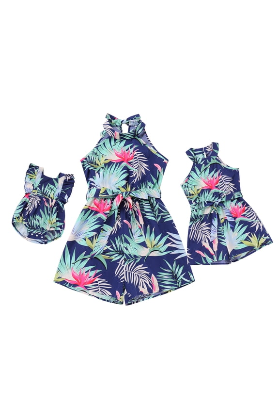 Mommy and Me Summer Short Romper Outfits Sleeveless Belted Casual Jumpsuit Overall for Beach Holiday Photo Shoot Dark Blue (Baby 3-6M)