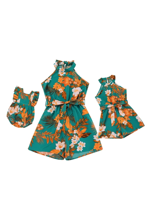 Mommy and Me Summer Short Romper Outfits Sleeveless Belted Casual Jumpsuit Overall for Beach Holiday Photo Shoot Green (Women L)