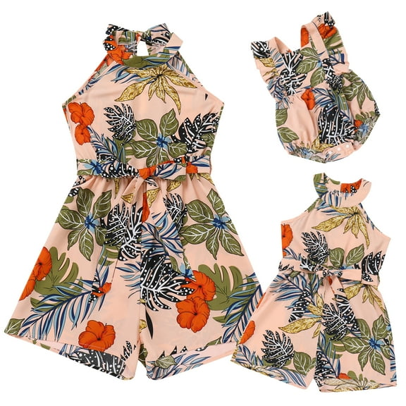 FYMNSI Mommy and Me Summer Short Romper Outfits Sleeveless Belted Casual Jumpsuit Overall for Beach Holiday Photo Shoot Pink (Baby 3-6M)
