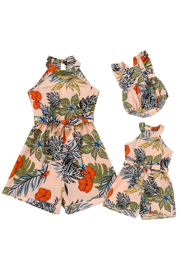 Mommy and Me Summer Short Romper Outfits Sleeveless Belted Casual Jumpsuit Overall for Beach Holiday Photo Shoot Pink (Women S)