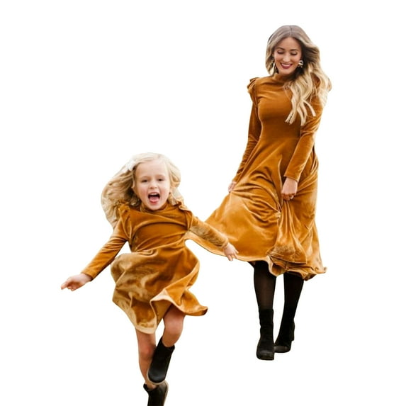 FYMNSI Mommy and Me Velvet Dresses Long Sleeve Fall Winter Ruffle Dress Vintage Family Matching Outfit Girl 3-4T Yellow