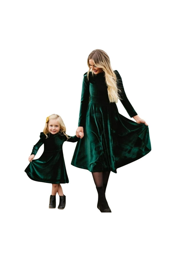 Mommy and Me Velvet Dresses Long Sleeve Fall Winter Ruffle Dress Vintage Family Matching Outfit Girl 7-8T Green