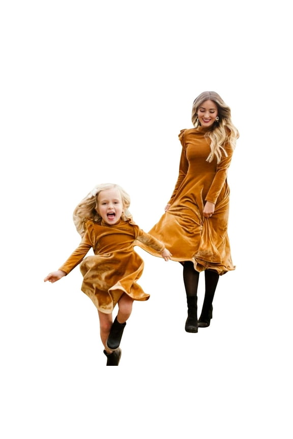 Mommy and Me Velvet Dresses Long Sleeve Fall Winter Ruffle Dress Vintage Family Matching Outfit Girl 7-8T Yellow
