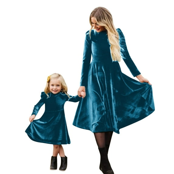 FYMNSI Mommy and Me Velvet Dresses Long Sleeve Fall Winter Ruffle Dress Vintage Family Matching Outfit Girl-S Blue