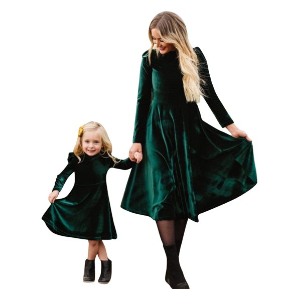 FYMNSI Mommy and Me Velvet Dresses Long Sleeve Fall Winter Ruffle Dress Vintage Family Matching Outfit Women M Green