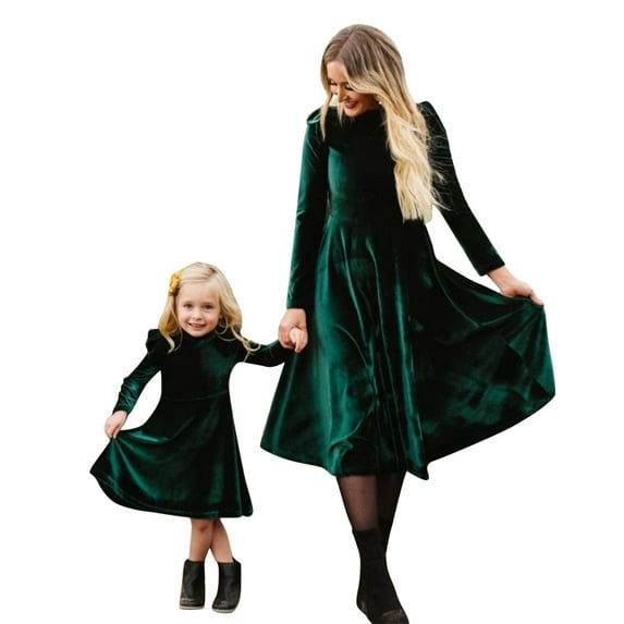 FYMNSI Mommy and Me Velvet Dresses Long Sleeve Fall Winter Ruffle Dress Vintage Family Matching Outfit Women S Green