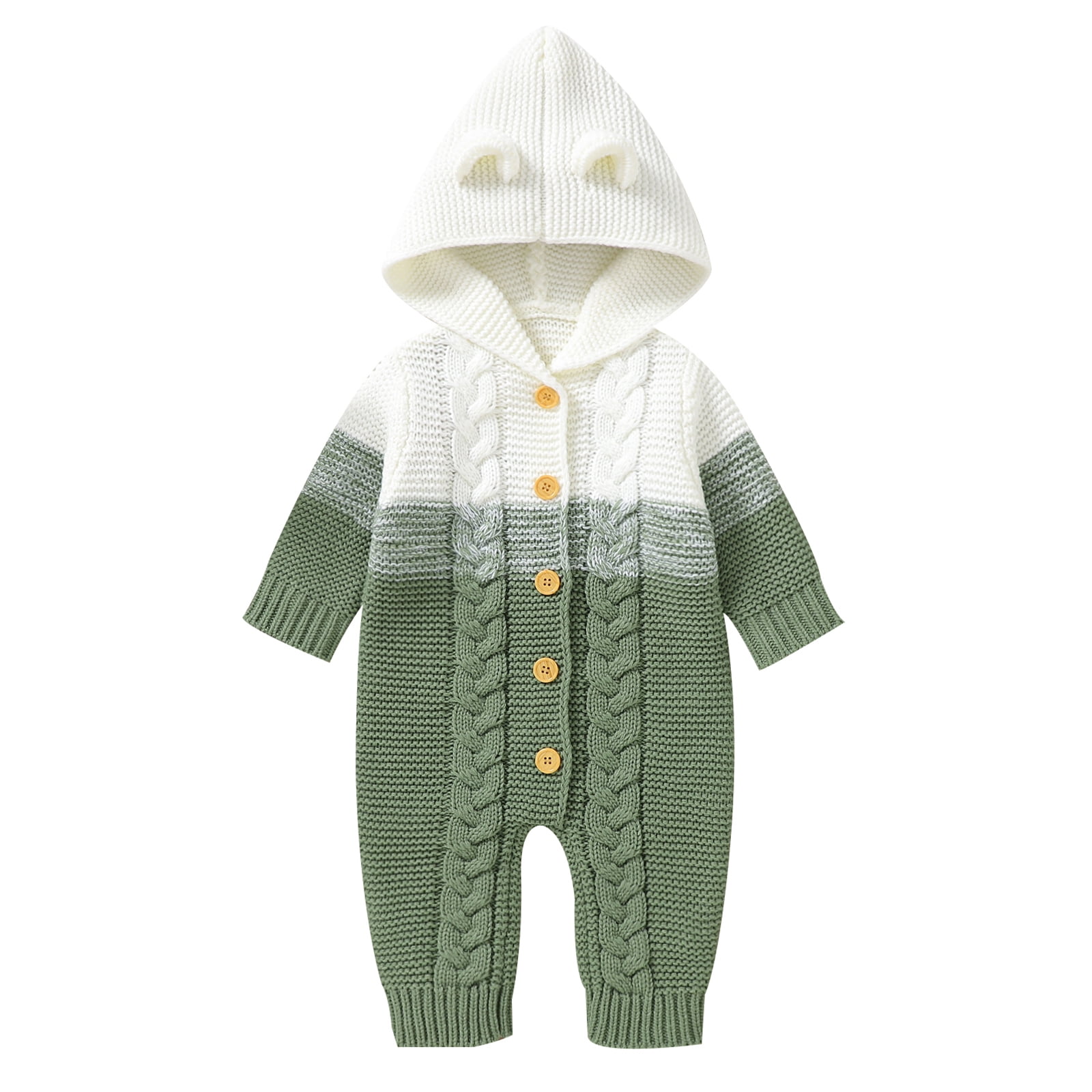 FYMNSI Newborn Baby Girl Boy Hooded Romper Infant Button Down Knitted Jumpsuit Fall Winter Clothes 0-3 Months Green