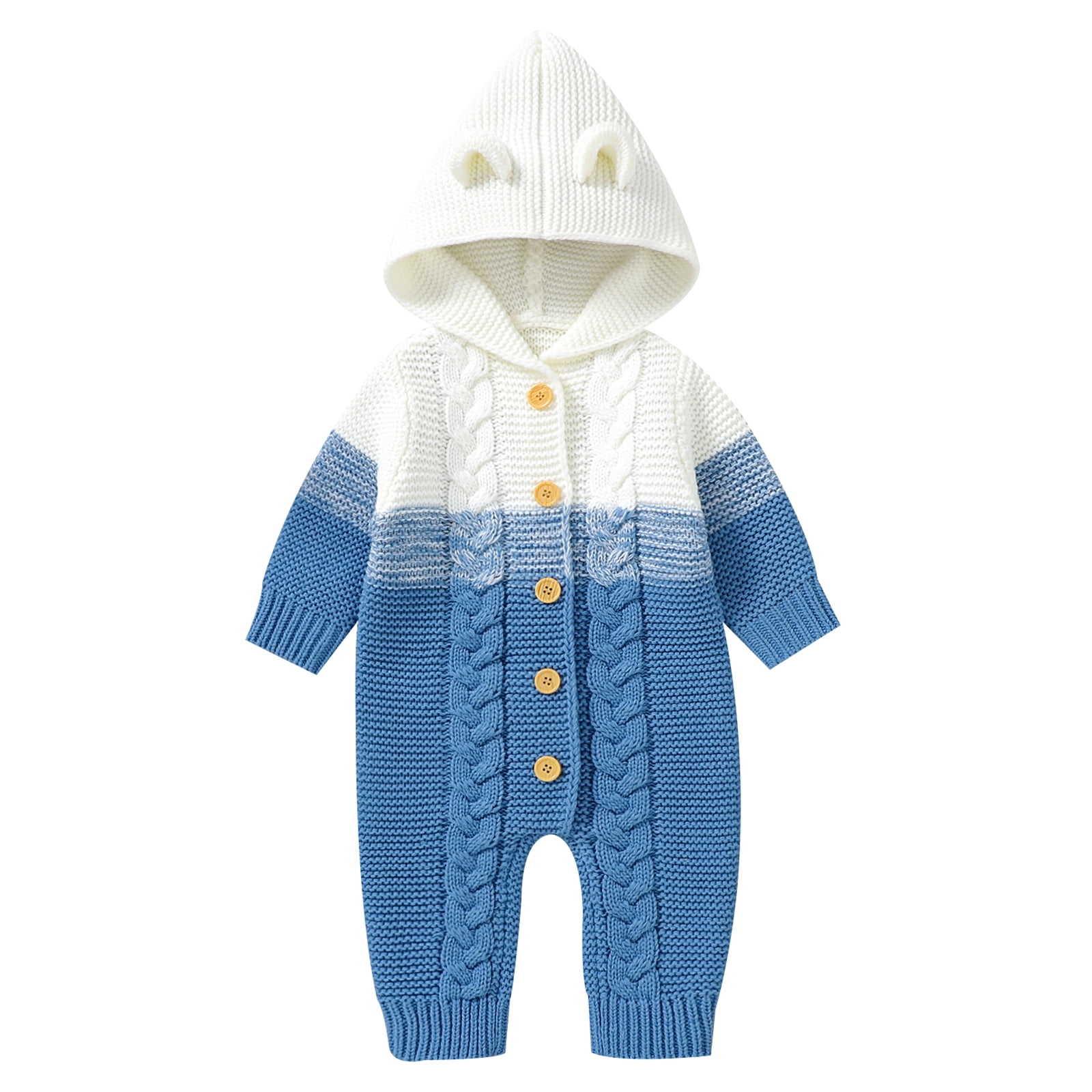 FYMNSI Newborn Baby Girl Boy Hooded Romper Infant Button Down Knitted Jumpsuit Fall Winter Clothes 9-12 Months Blue