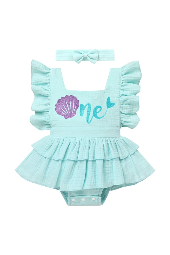 Newborn Baby Girl Ruffle Bubble Romper Dress+Headband One Piece Bodysuit Jumpsuit Infant Summer Clothes 12-18 Months Blue