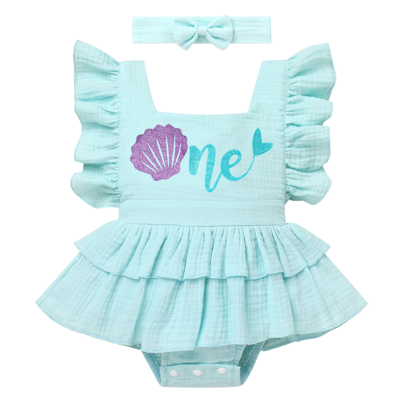 Newborn Baby Girl Ruffle Bubble Romper Dress+Headband One Piece Bodysuit Jumpsuit Infant Summer Clothes 6-12 Months Blue
