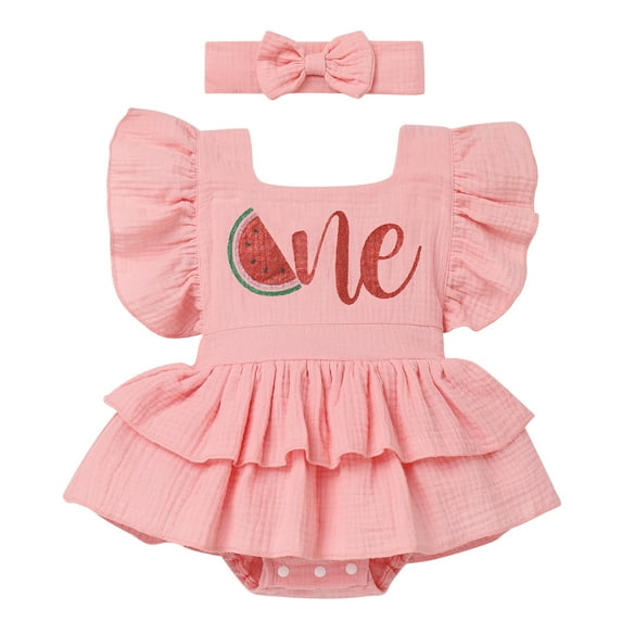 FYMNSI Newborn Baby Girl Ruffle Bubble Romper Dress+Headband One Piece Bodysuit Jumpsuit Infant Summer Clothes 6-12 Months Watermelon