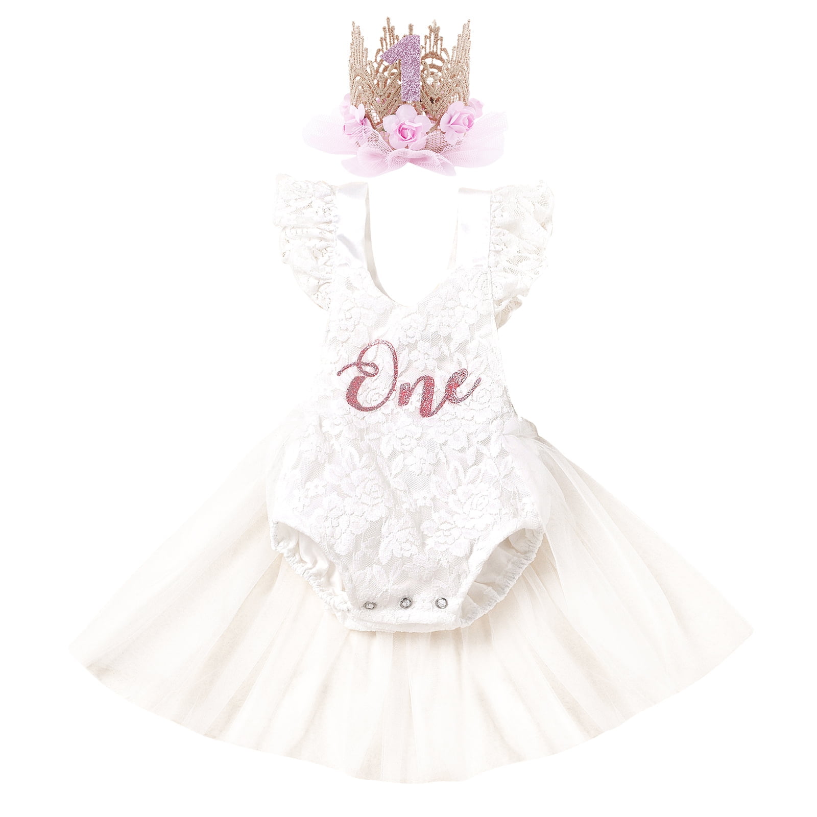 Newborn Infant Baby Girl Lace Romper 1st Birthday Cake Smash Outfit Princess Tutu Tulle Dress Bodysuit Flower Crown Headband 2pcs Set 12-18 Months White