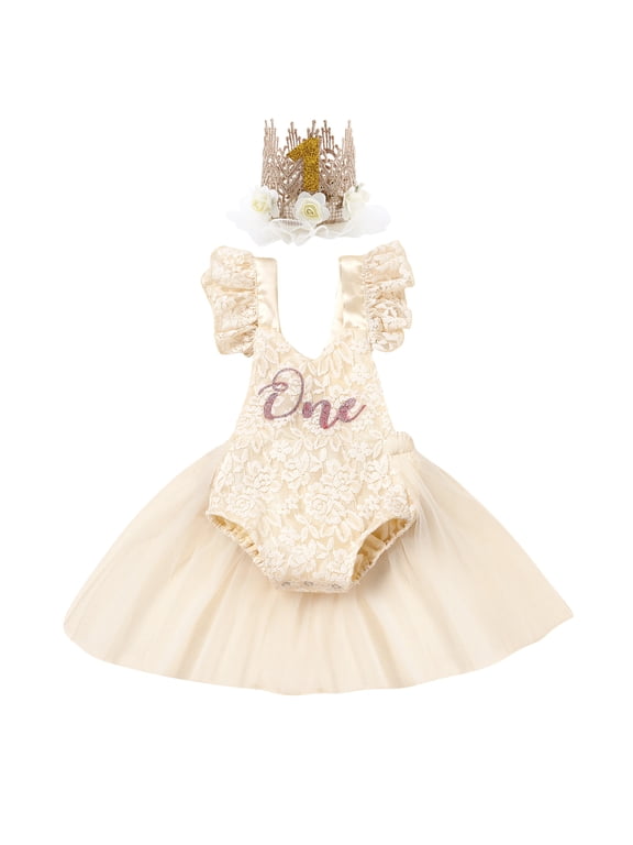 Newborn Infant Baby Girl Lace Romper 1st Birthday Cake Smash Outfit Princess Tutu Tulle Dress Bodysuit Flower Crown Headband 2pcs Set 9-12 Months Apricot