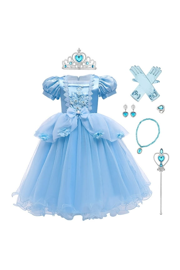 Princess Dress for Girls Halloween Costume Fancy Dress Kids Carnival Christmas Birthday Party Cosplay Tulle Long Dress with Accessories 3-4 Years Blue