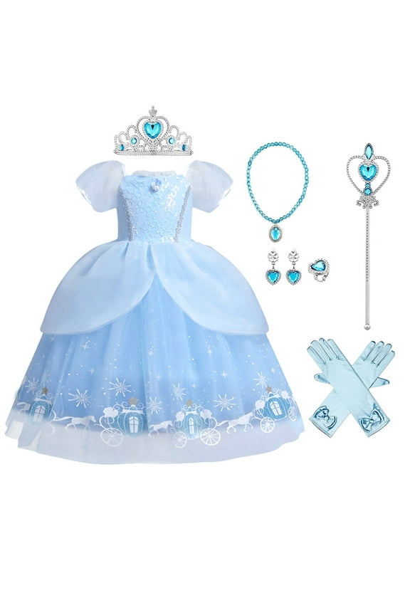 Princess Dress for Girls Halloween Costume Fancy Dress Kids Carnival Christmas Birthday Party Cosplay Tulle Long Dress with Accessories 4-5 Years Blue Pumpkin Car