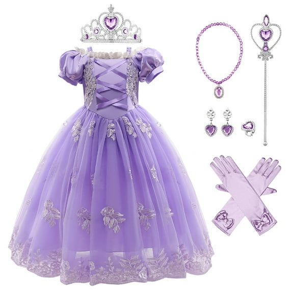 FYMNSI Princess Dress for Girls Halloween Costume Fancy Dress Kids Carnival Christmas Birthday Party Cosplay Tulle Long Dress with Accessories 7-8 Years Purple