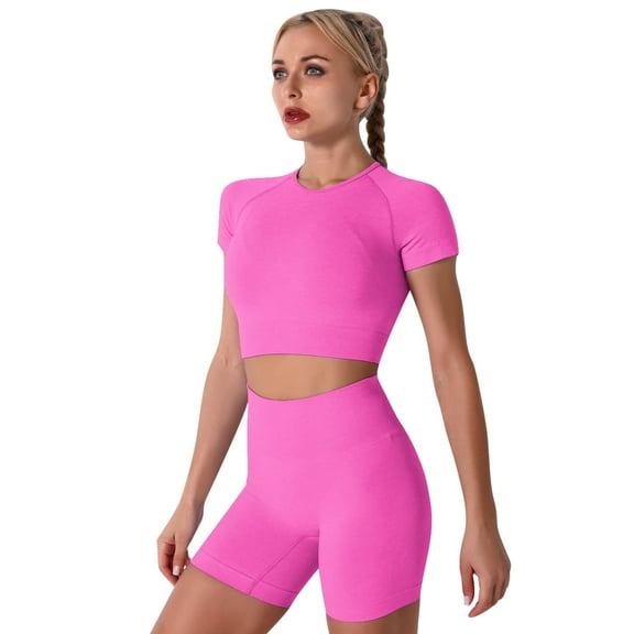FYMNSI Summer Two Piece Outfits Women Workout Sets Short Sleeve Athletic Crop Tops Bodycon Biker Shorts Pants Activewear Hot Pink M