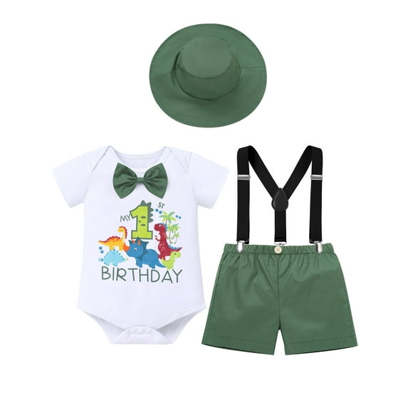 FYMNSI Toddler Baby Boys Clothes 1st First Birthday Dinosaur Print Romper Suspenders Shorts Hat Photo Shoot Outfit