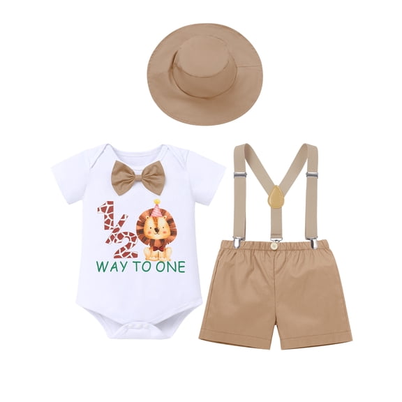FYMNSI Toddler Baby Boys First Birthday Wild One Animal Outfit Romper Suspenders Shorts Hat Photo Shoot Clothes