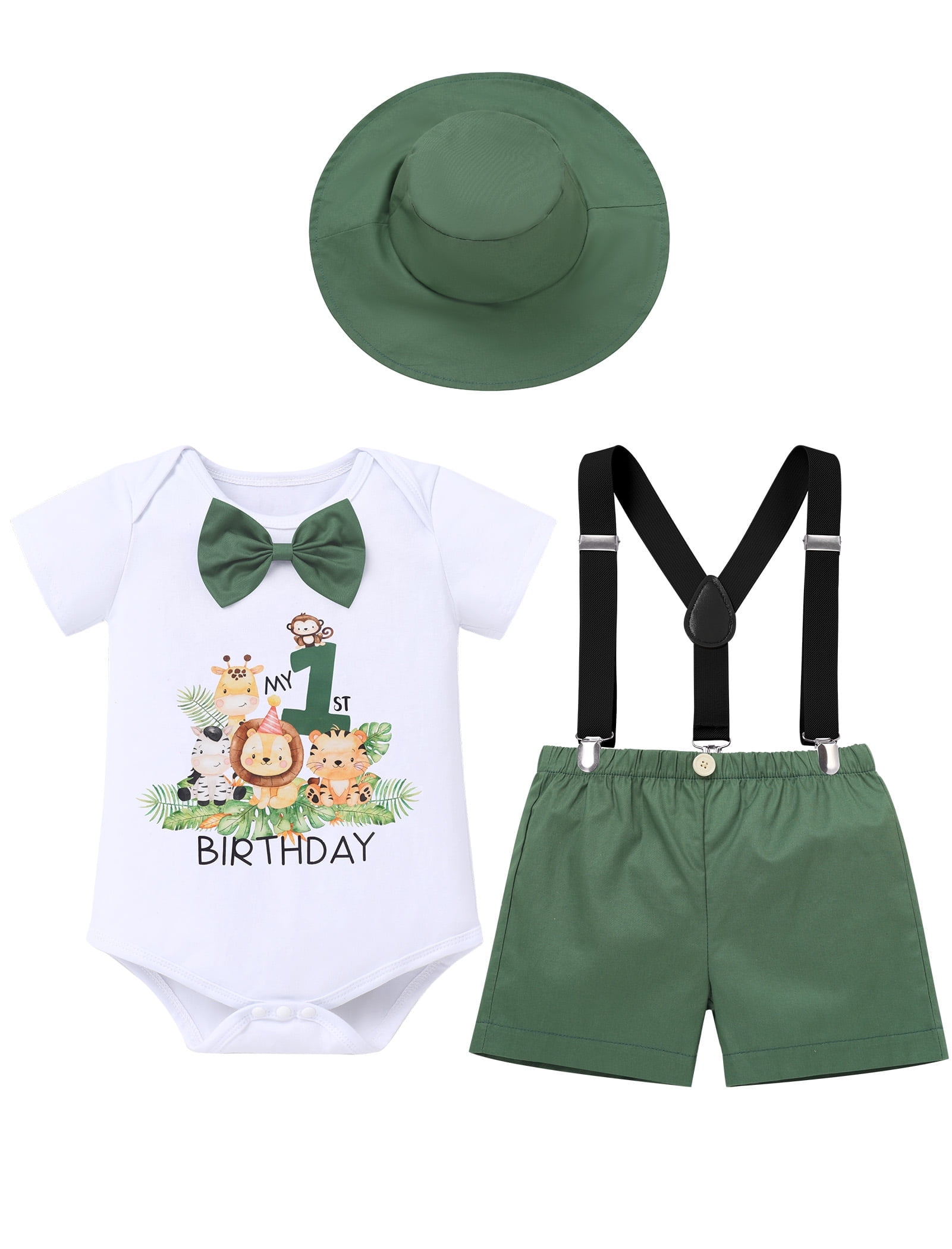 IMEKIS Baby Boys Farm Animals 1st Birthday Outfit - Romper With Suspenders & Shorts For Cake Smash Photo Shoot