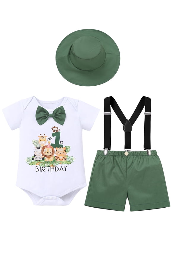 Toddler Baby Boys First Birthday Wild One Animal Outfit Romper Suspenders Shorts Hat Photo Shoot Clothes