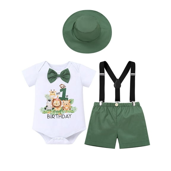 FYMNSI Toddler Baby Boys First Birthday Wild One Animal Outfit Romper Suspenders Shorts Hat Photo Shoot Clothes