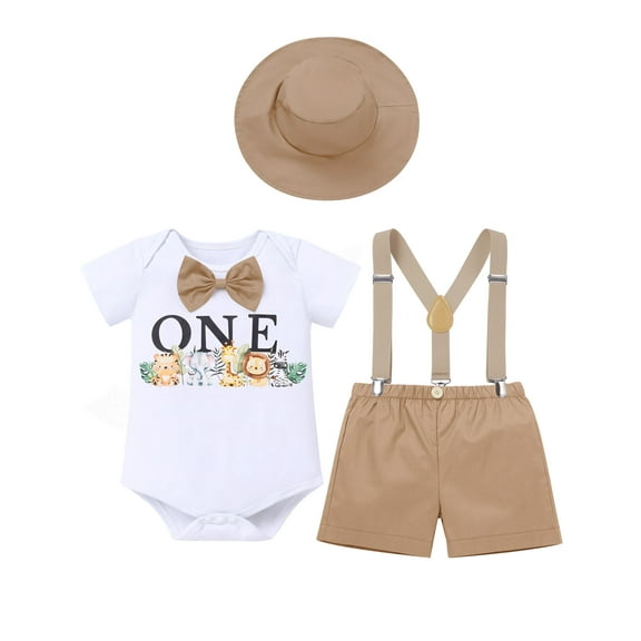 FYMNSI Toddler Baby Boys First Birthday Wild One Animal Outfit Romper Suspenders Shorts Hat Photo Shoot Clothes