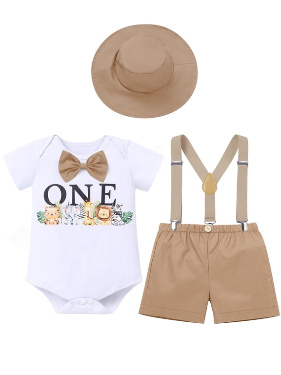 Toddler Baby Boys First Birthday Wild One Animal Outfit Romper Suspenders Shorts Hat Photo Shoot Clothes