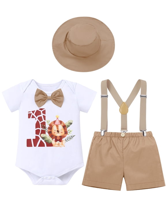 Toddler Baby Boys First Birthday Wild One Animal Outfit Romper Suspenders Shorts Hat Photo Shoot Clothes