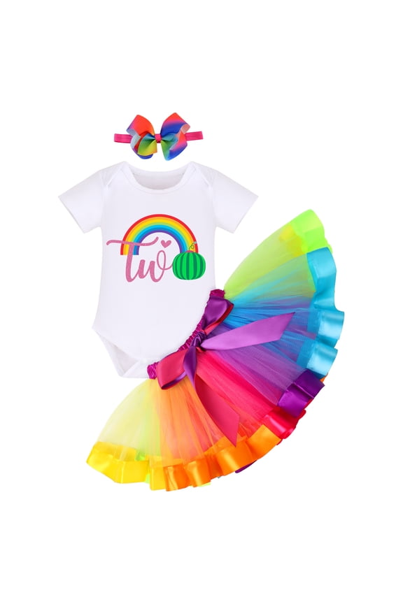 Toddler Baby Girl 2nd Second Birthday Cake Smash Outfit Watermelon Two Years Old Party Photo Props Cotton Short Sleeve Romper Rainbow Skirt Bowknot Headband Set 2 Years