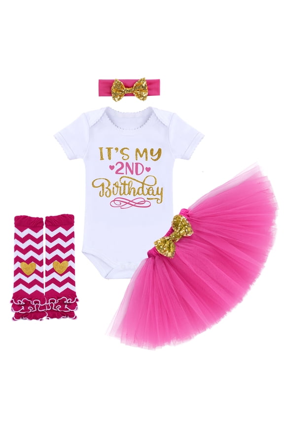 Toddler Baby Girl It's My 2nd Birthday Cake Smash Outfit Cotton Romper Tutu Skirt Leg Warmers Bowknot Headband 4pcs Set Two Years Old Party Photo Shooting Props Hot Pink 2 Years