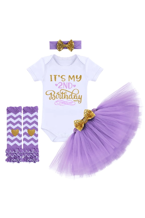 Toddler Baby Girl It's My 2nd Birthday Cake Smash Outfit Cotton Short Sleeve Romper Princess Tutu Skirt Leg Warmers Bowknot Headband 4pcs Set Two Years Old Party Photo Shooting Props Purple