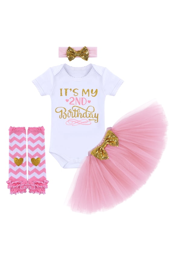 Toddler Baby Girl It's My 2nd Birthday Cake Smash Outfit Romper Princess Tutu Skirt Leg Warmers Headband 4pcs Set Two Years Old Party Photo Shooting Props Pink 2 Years