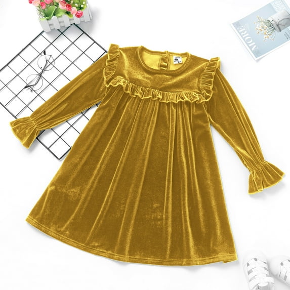 FYMNSI Toddler Baby Girl Velvet Long Sleeve Dress Ruffle Party Gown Dress Christmas Fall Winter Dress