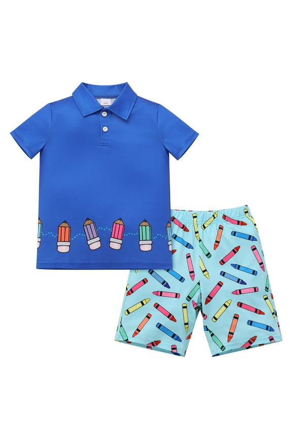 Toddler Boy Shorts and Polo Shirts Set Back to School Clothes Summer 2-Piece Outfit for Kids 5-6T Blue