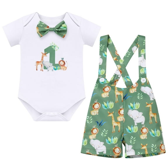 FYMNSI Toddler Boys Clothes Animal Print Romper Suspenders Shorts Set Baby Boy 2 Piece Outfit 12-18 Months