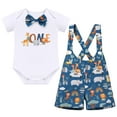 thumbnail image 1 of FYMNSI Toddler Boys Clothes Animal Print Romper Suspenders Shorts Set Baby Boy 2 Piece Outfit 9-12 Months, 1 of 6