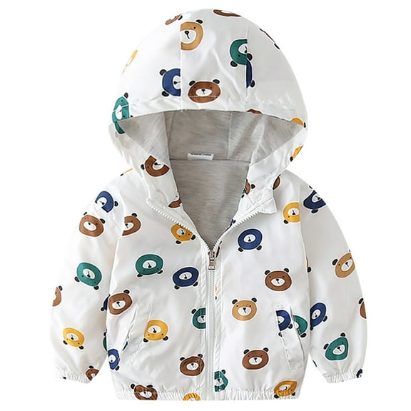 FYMNSI Toddler Boys Hooded Jacket Windbreaker Lightweight Zip up Hoodies Outwear Cartoon Fall Clothes for Kids 12-18M White