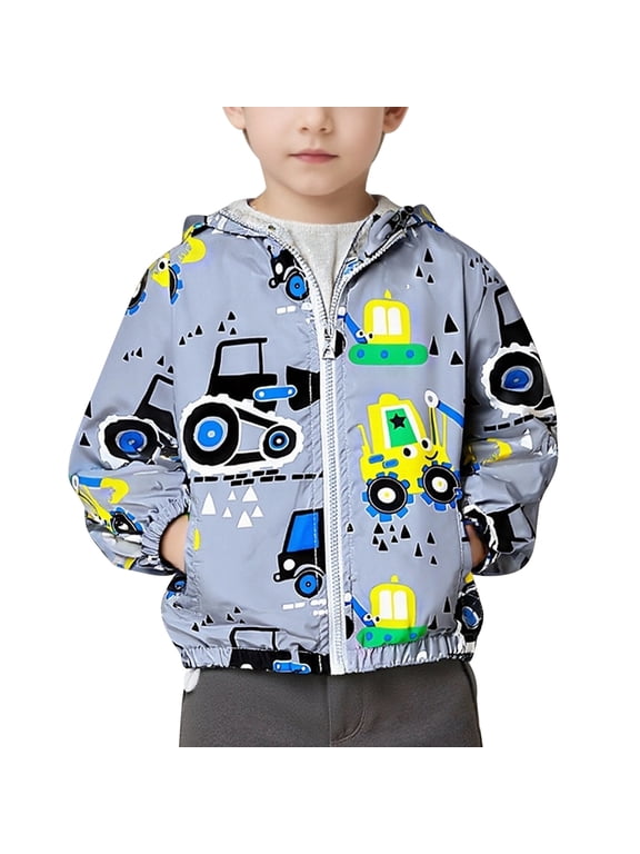 Toddler Boys Hooded Jacket Windbreaker Lightweight Zip up Hoodies Outwear Cartoon Fall Clothes for Kids 18-24M Gray