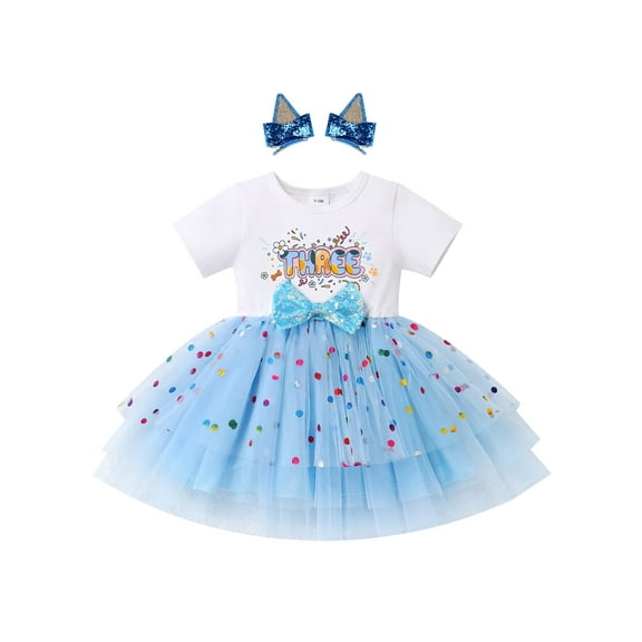 FYMNSI Toddler Girl Clothes 3T Birthday Dress Short Sleeve Princess Dress Sequin Blue Tutu Baby Smash Cake Outfit